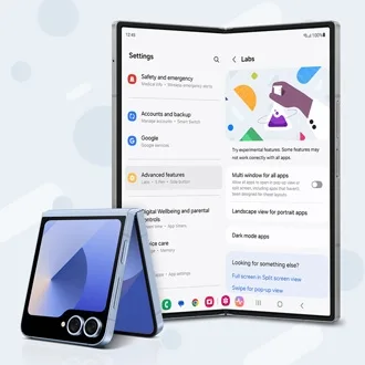 Galaxy Z Fold 摺機顯示設定入面嘅 Labs 選單，旁邊放有半摺合嘅 Galaxy Z Flip