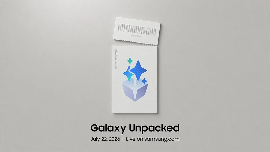 Samsung 2026 年 7 月 Unpacked 邀請圖，寫住 A New Shape Unfolds