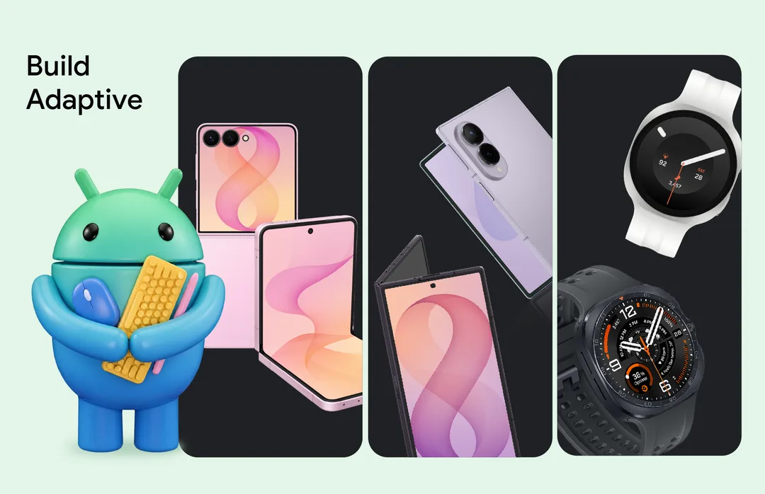 Android 公仔旁邊展示 Galaxy Z Flip8、Fold8 系列摺機同 Galaxy Watch