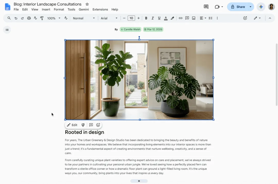 喺 Google Docs 揀中現有圖片,再用文字指令修改圖片嘅操作示範