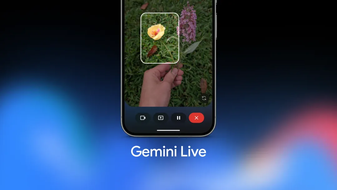 手機畫面顯示 Gemini Live 睇住手上一朵黃色花,下面有 Gemini Live 介面