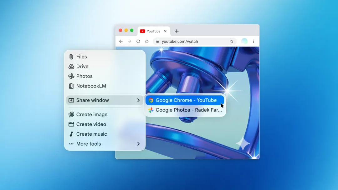 Mac 上嘅 Gemini 視窗分享介面，畫面顯示用戶揀選 Chrome 視窗交畀 AI 理解
