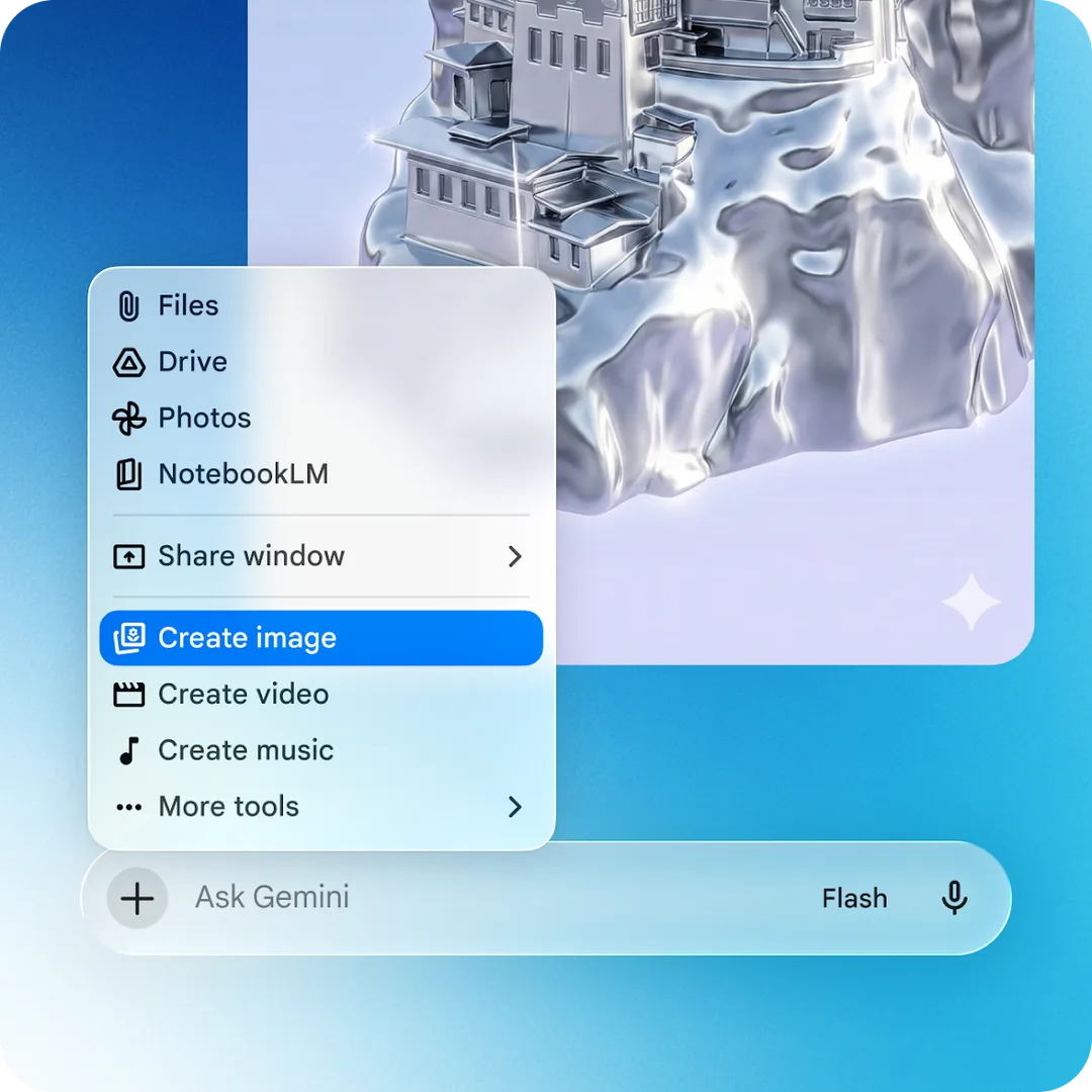 Gemini for macOS 工具選單，顯示 Files、Drive、Photos、NotebookLM 同產生媒體選項