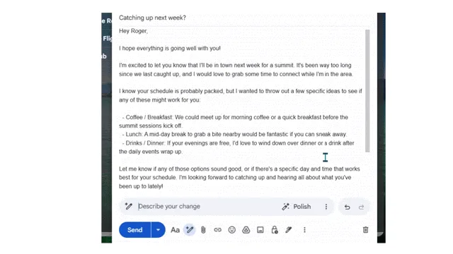 Gmail 編寫視窗顯示電郵草稿,底部有 Describe your change prompt bar 同 undo、redo 按鈕