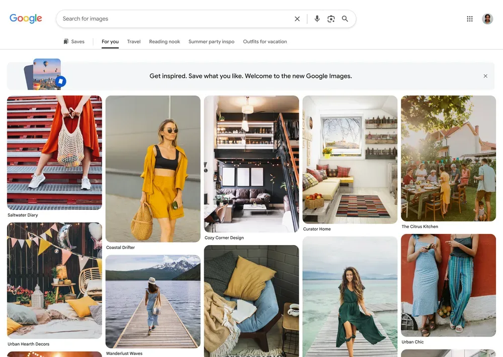 新版 Google Images 首頁顯示按興趣排列嘅時裝圖片圖庫