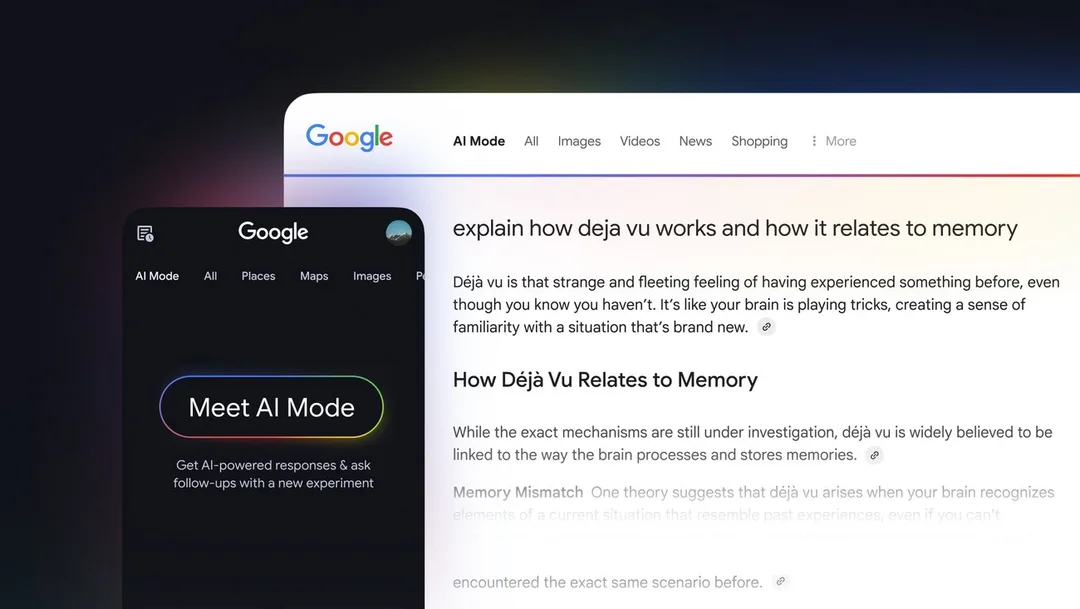 Google 官方示意圖，桌面搜尋頁同手機畫面同時顯示 AI Mode