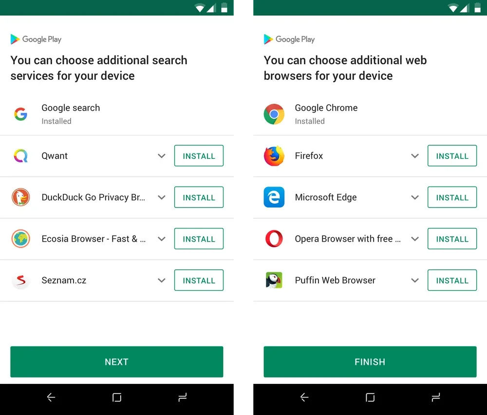 Android 設定時揀搜尋同瀏覽器 app 嘅官方畫面示意