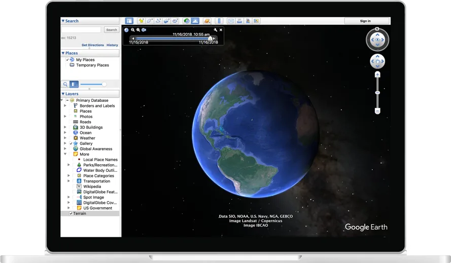 Google Earth Pro 桌面版喺官方版本頁嘅產品畫面