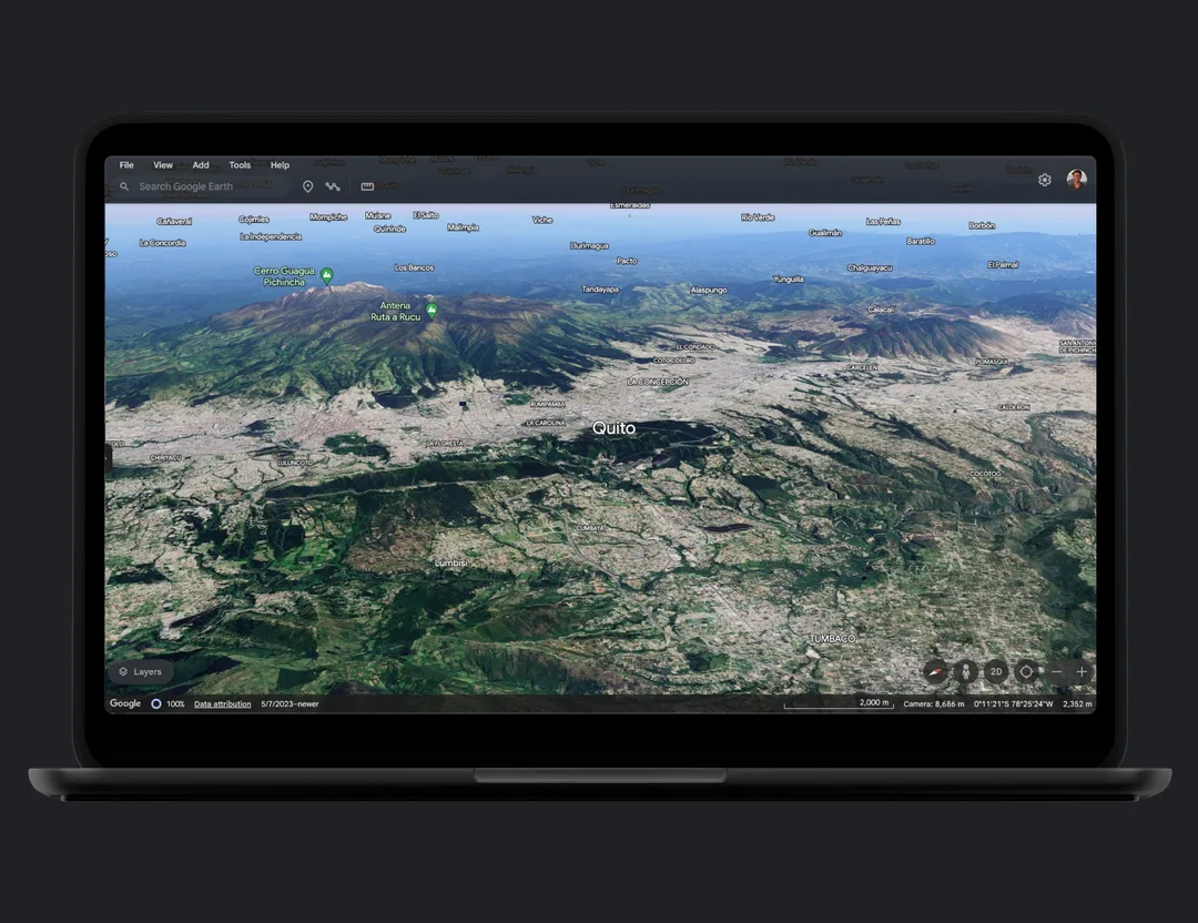 Google Earth web 版喺官方版本頁嘅產品畫面