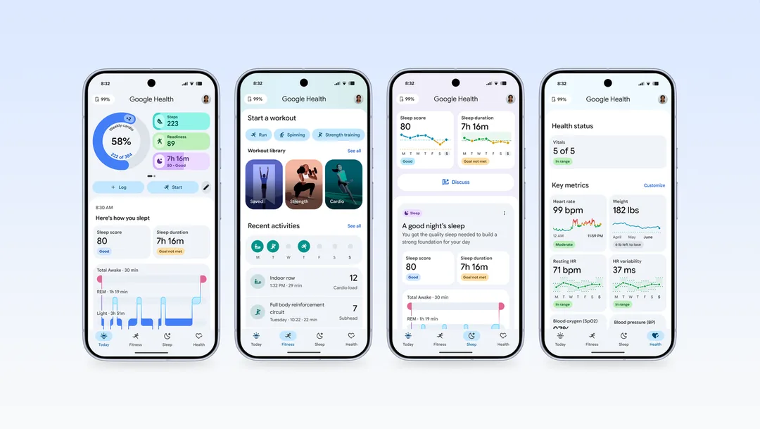 Google Health app 嘅多個健康數據畫面同圖表