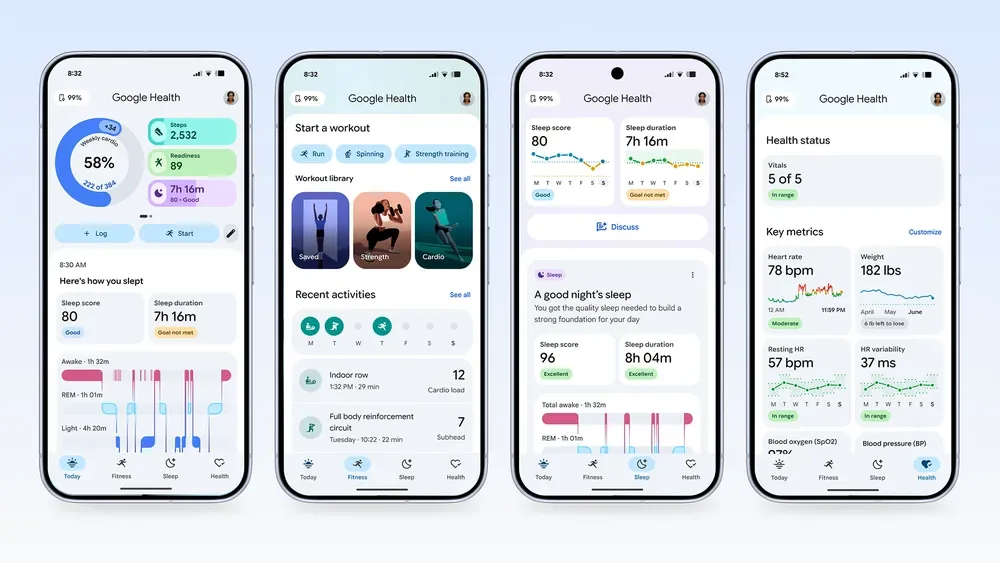 四部手機顯示 Google Health 嘅 Today、Fitness、Sleep 同 Health 分頁