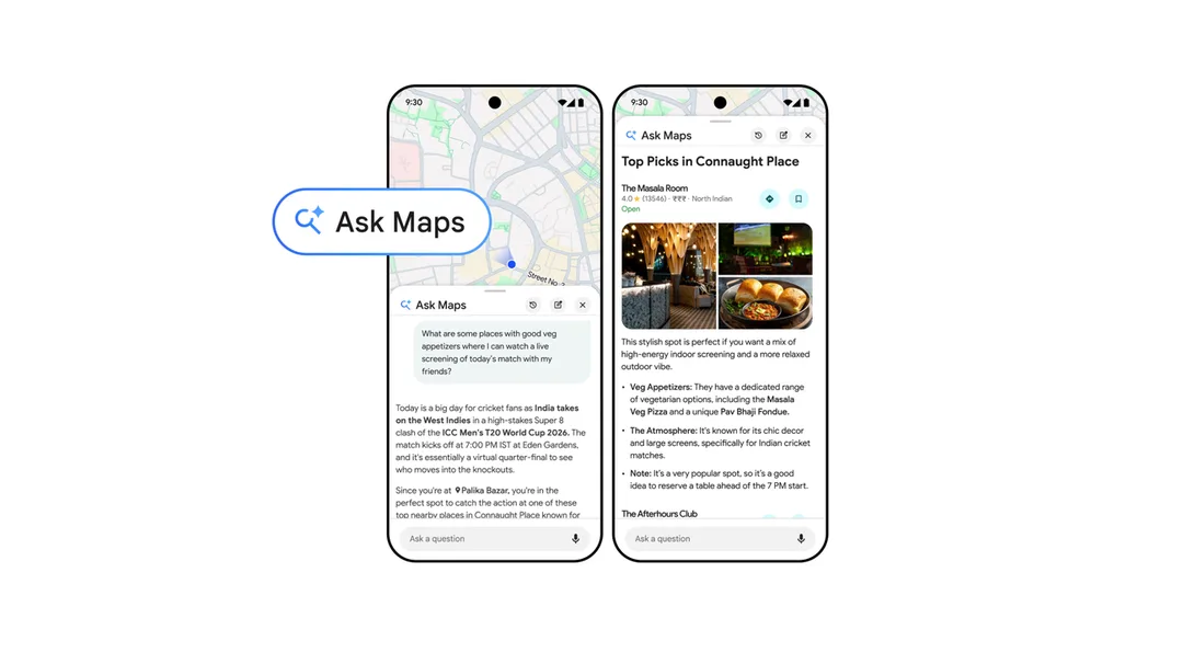 Google 官方 Ask Maps 手機畫面,示範用文字問地點同餐廳建議