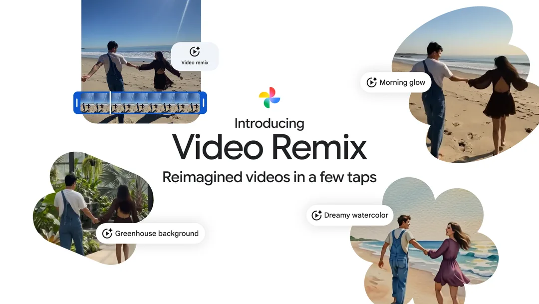Google Photos Video Remix 官方示意圖,展示海邊影片經 AI 改成晨光、溫室背景同水彩風格。