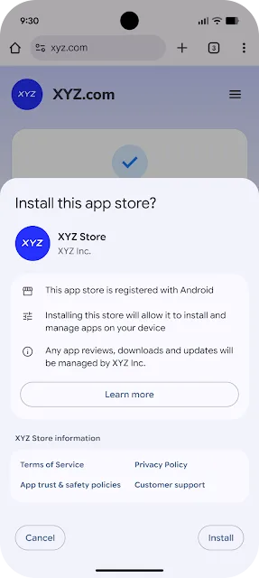 Google 示意合資格第三方 Android 商店由網頁安裝時,會顯示註冊狀態、安全政策同客服資料