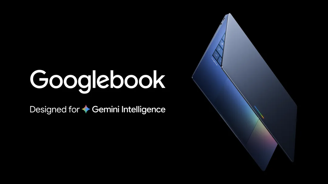 Googlebook 官方宣傳圖,深藍色筆電旁邊寫住由 Gemini Intelligence 驅動