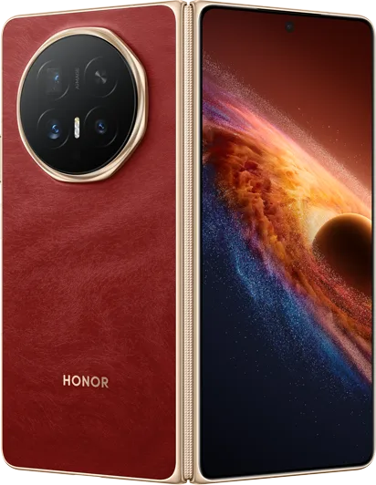紅色 HONOR Magic V6 摺機產品圖,背面同外屏並排展示