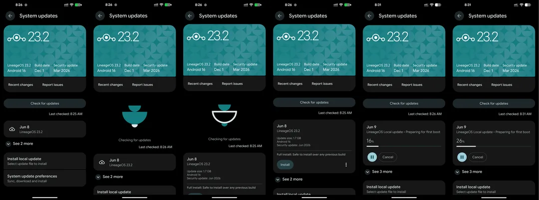 LineageOS Updater 新介面截圖,展示更新列表同下載進度