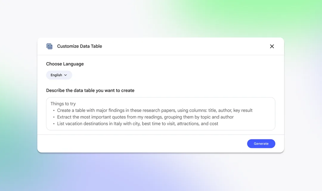 NotebookLM 自訂 Data Table 視窗,可以揀語言同填寫欄列要求