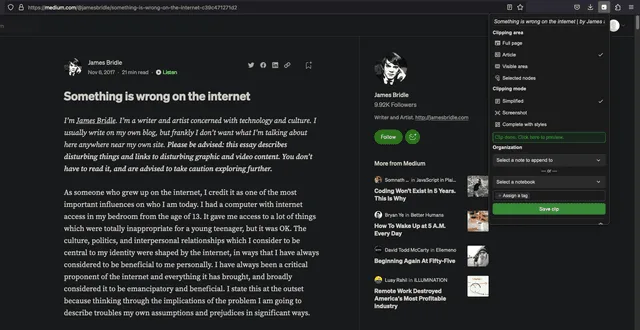 Notesnook Web Clipper 官方截圖,瀏覽器側邊可以揀保存整頁或指定內容