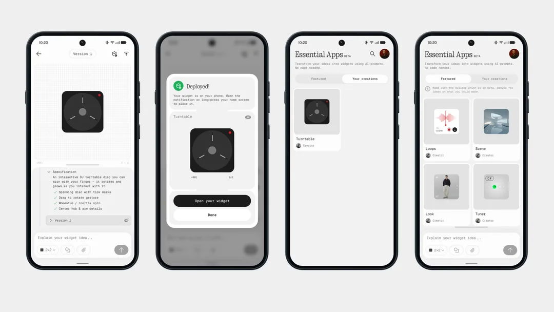 四部 Nothing 手機展示 Essential Apps 建立、部署同管理桌面 widget 嘅畫面