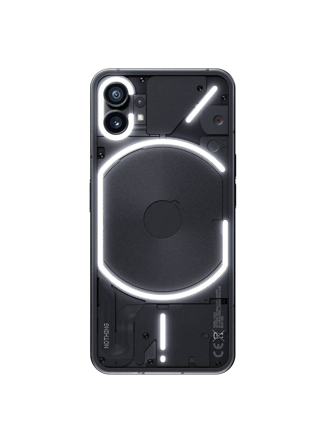Nothing Phone (1) 黑色版背面官方產品圖,Glyph 燈亮起