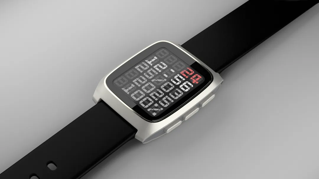 Pebble Time 2 銀色機身配黑色錶帶,斜角官圖見到玻璃高出錶殼