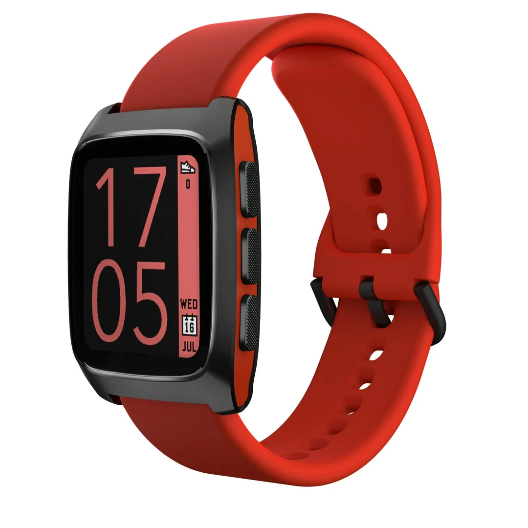 Pebble Time 2 黑紅配色官圖,側面角度展示外露玻璃邊同三粒實體按鈕