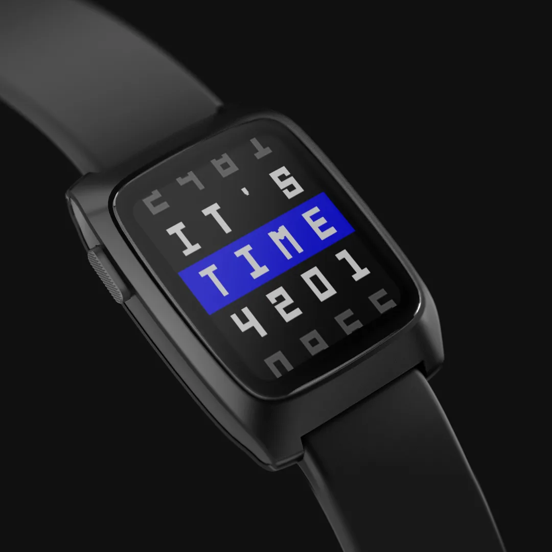 黑色 Pebble Time 2 產品圖,螢幕顯示像素風錶面