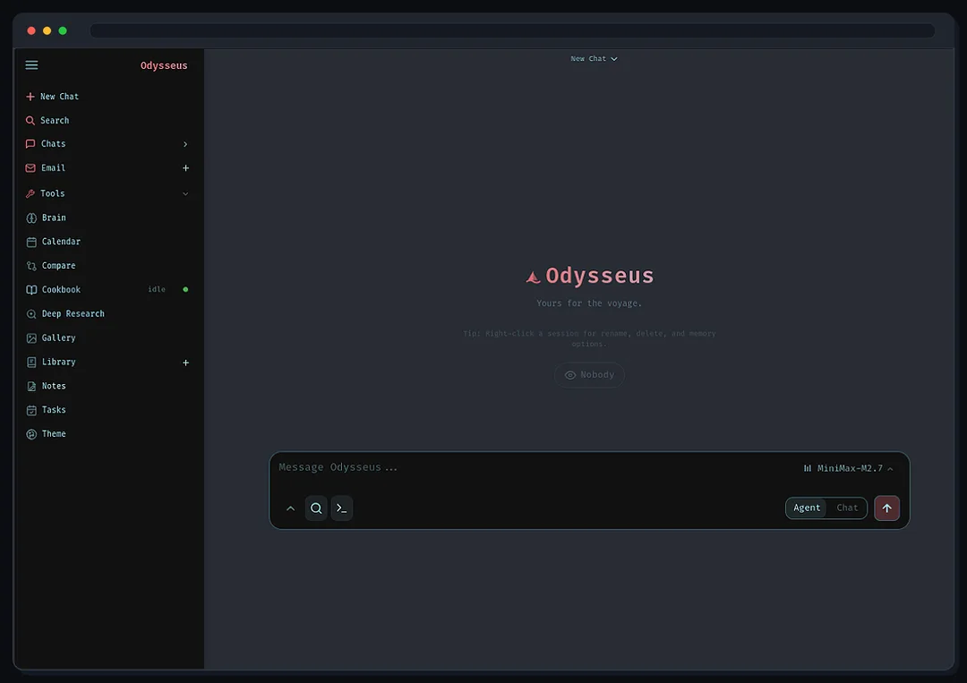 Odysseus 官方 GitHub README 入面嘅介面截圖,見到聊天同 workspace UI