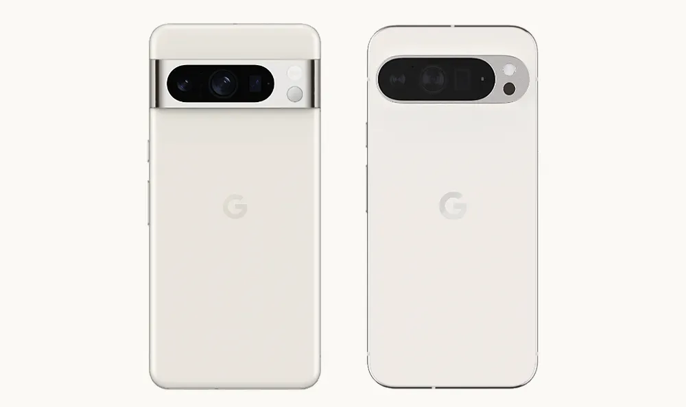 白色 Pixel 8 同 Pixel 9 並排，展示兩代手機背面同鏡頭模組設計