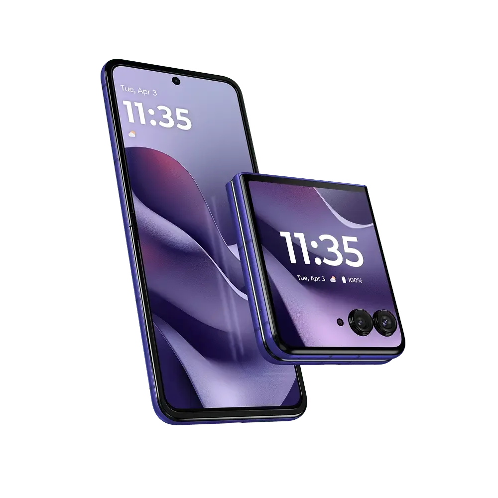 Motorola Razr Ultra 2026 展開同摺起嘅紫色官方產品圖