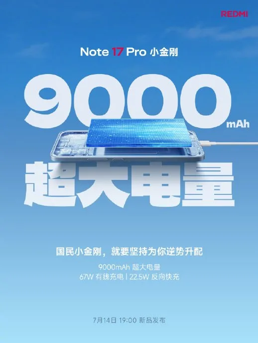 Redmi Note 17 Pro 9000mAh 電池預熱圖,顯示 67W 有線充電同 22.5W 反向有線充電