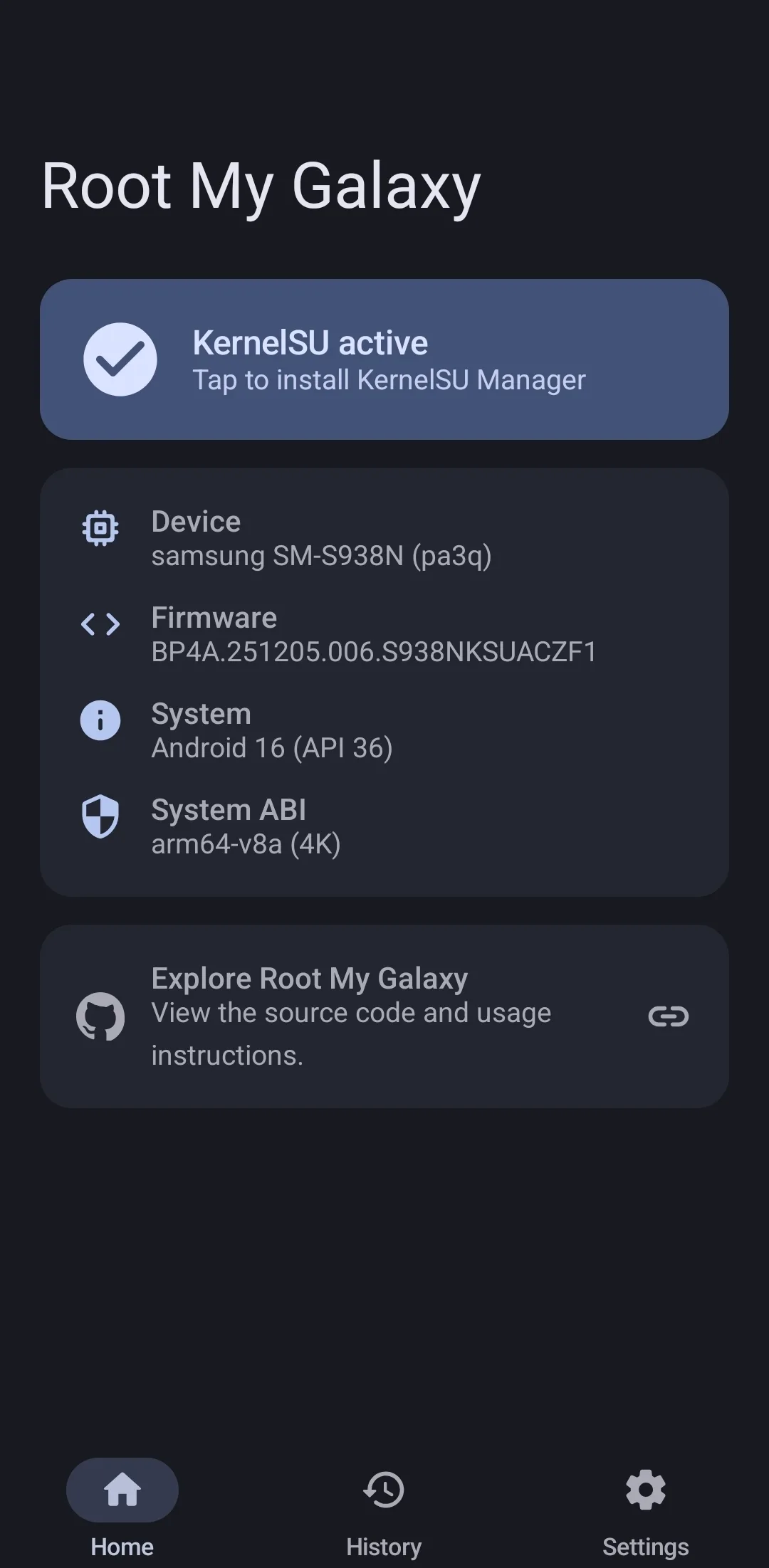 Root My Galaxy 主畫面顯示 Galaxy S25 Ultra 指定 firmware 已啟用 KernelSU