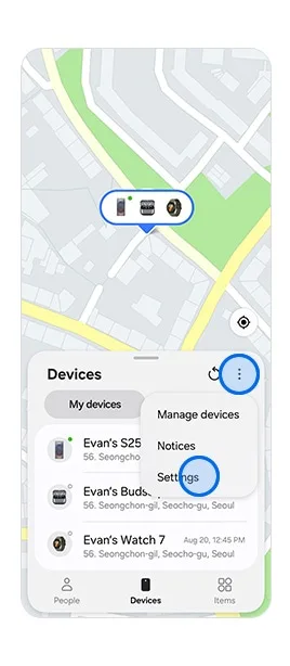 Samsung Find app 地圖同裝置列表示意圖