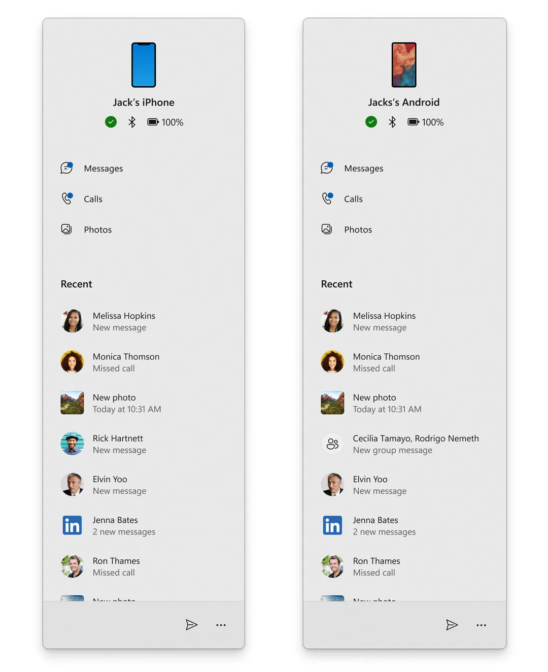 Windows 11 Start menu 入面嘅 phone companion，同時顯示 iPhone 同 Android 手機狀態同最近活動
