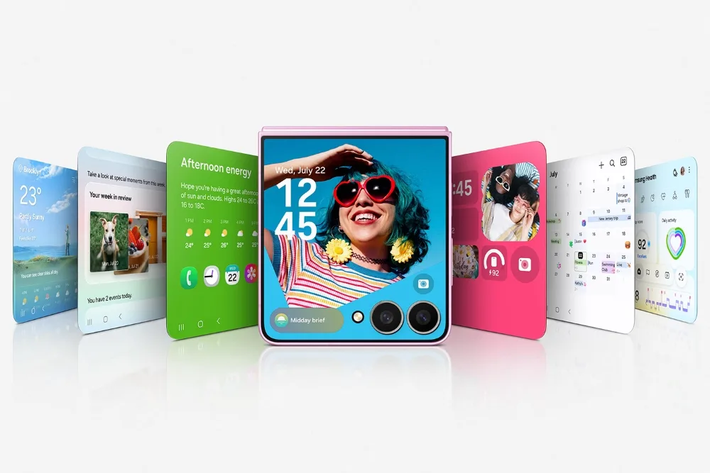 粉紅色 Galaxy Z Flip8 摺埋展示 FlexWindow 介面，旁邊排開多個資訊畫面