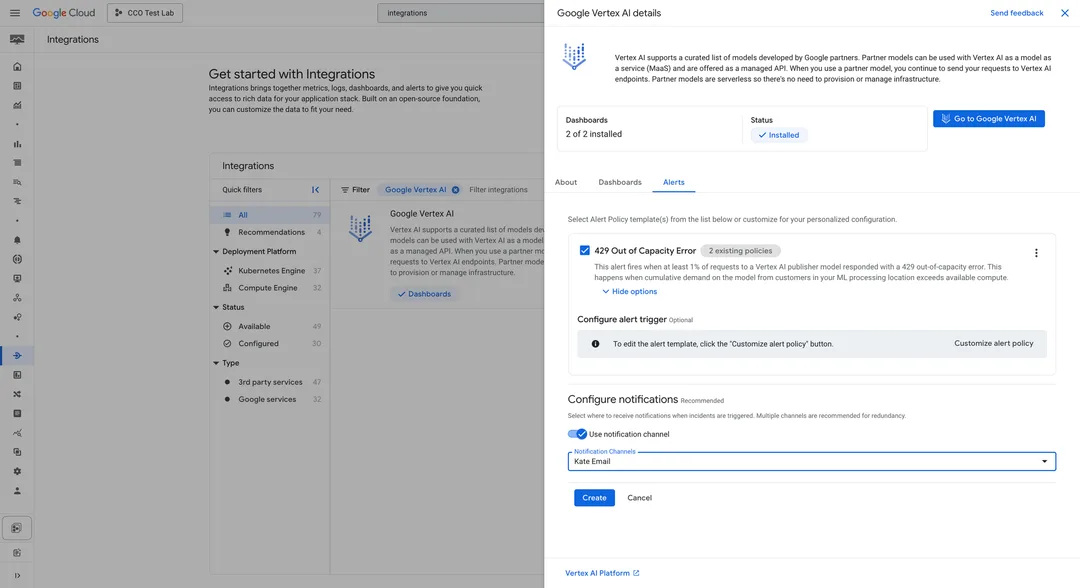 Google Cloud Monitoring 入面設定 Vertex AI 429 用量錯誤提示嘅畫面
