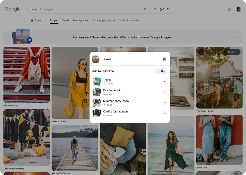 用戶喺新版 Google Images 將圖片儲入 Travel 等 Collections