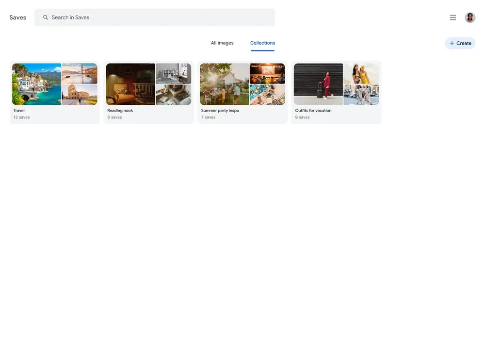 Google Saves 頁面列出 Travel、Reading nook 等圖片 Collections