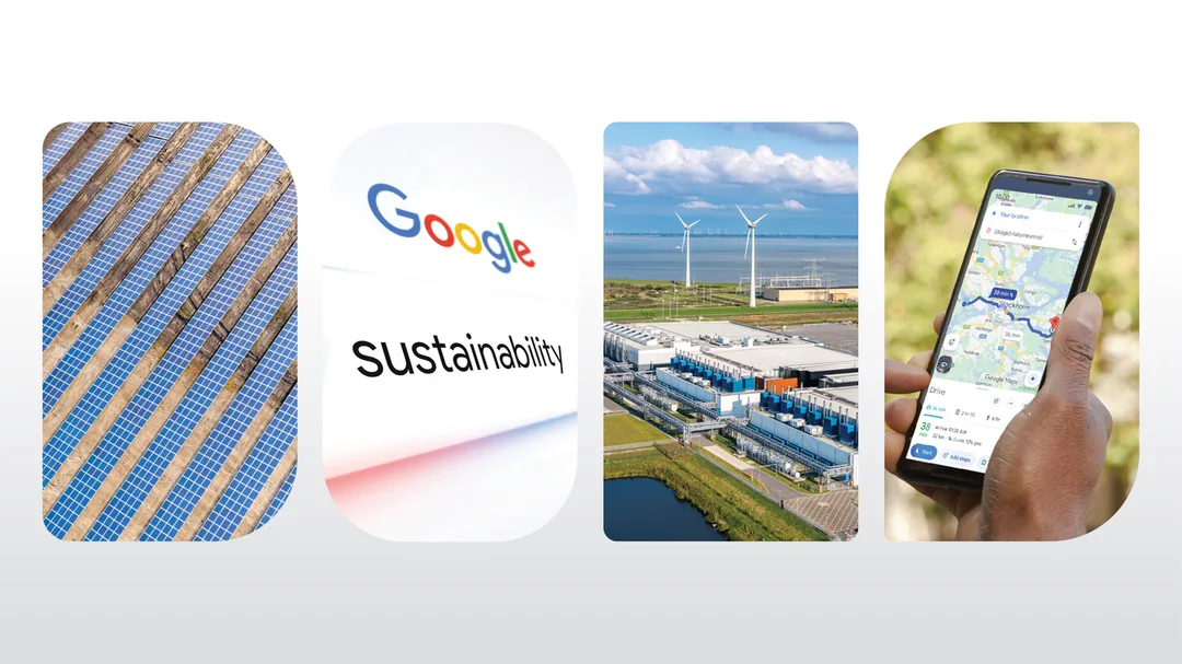 Google sustainability 官方文章配圖,入面有太陽能板、data center 同 Google Maps 畫面