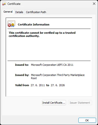 Microsoft Corporation UEFI CA 2011 證書到期日資料圖