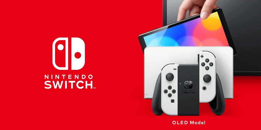 Nintendo Switch OLED 主機連 Joy-Con 同底座官方產品圖