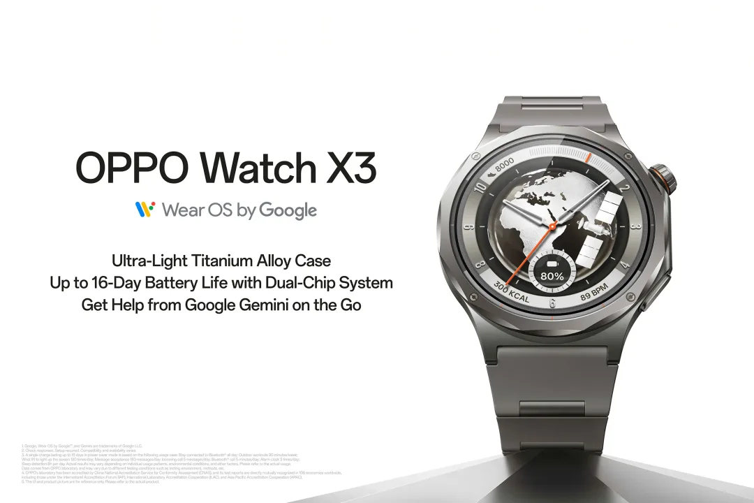 銀色 OPPO Watch X3 官方產品圖,列出 Wear OS、16 日慳電續航同 Gemini 賣點