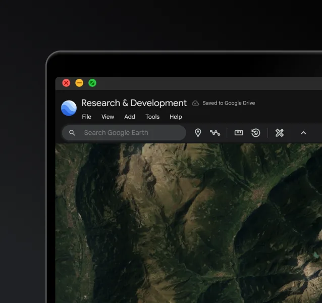 Google Earth 網頁版介面顯示衛星影像同地圖工具