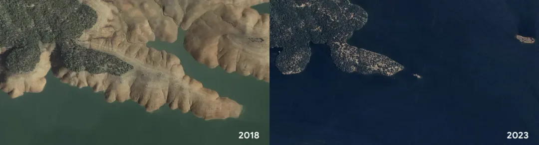 Google Earth 比較奧羅維爾湖不同年份嘅真實歷史影像