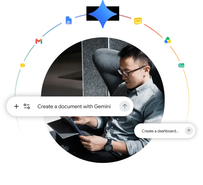用戶拎住平板電腦，旁邊圍住 Gemini 同 Google Workspace 服務圖示
