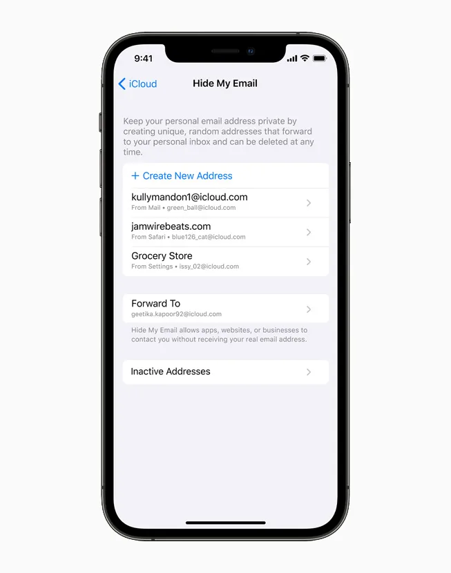 iPhone 設定入面 Hide My Email 地址列表,可以睇到 alias 同轉寄地址