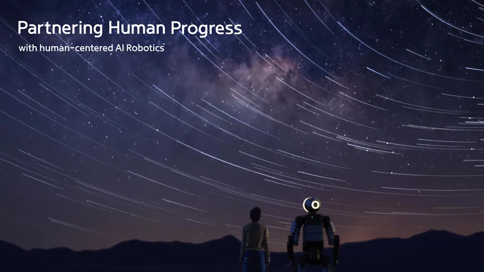 Hyundai Motor Group AI 機械人策略主題圖,一個人同人形機械人並肩望向星空