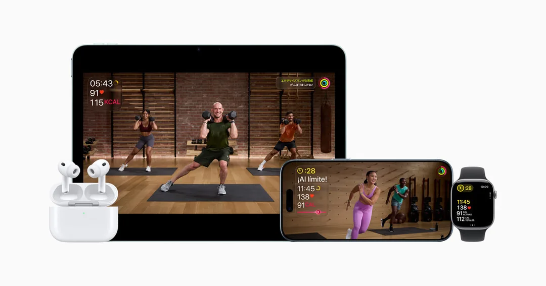Apple Fitness+ 體能訓練畫面同時顯示喺 iPad、iPhone 同 Apple Watch