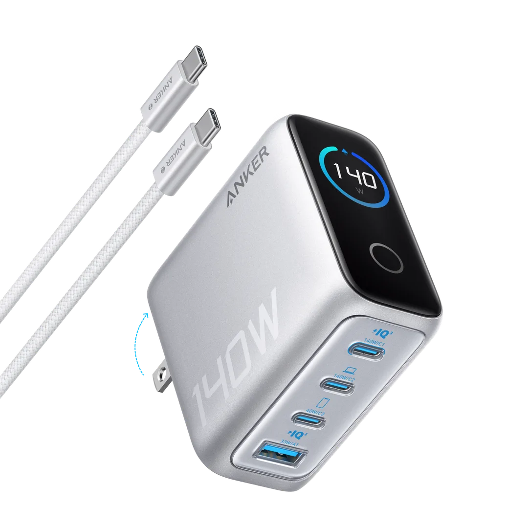 Anker 140W 四口 USB-C GaN 火牛同兩條 USB-C 線,機身顯示 140W